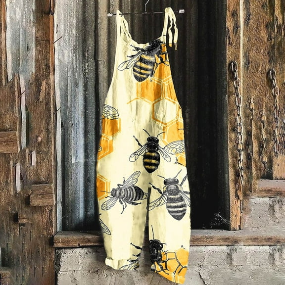 Sentmoon Summer Rompers for Women 2025 Bee Print Loose Wide Leg Overalls Pockets Adjustable Spaghetti Strap Crew Neck Sleeveless Outfits Bee Festival Comfy Ladies for City Sightseeing Yellow XXL