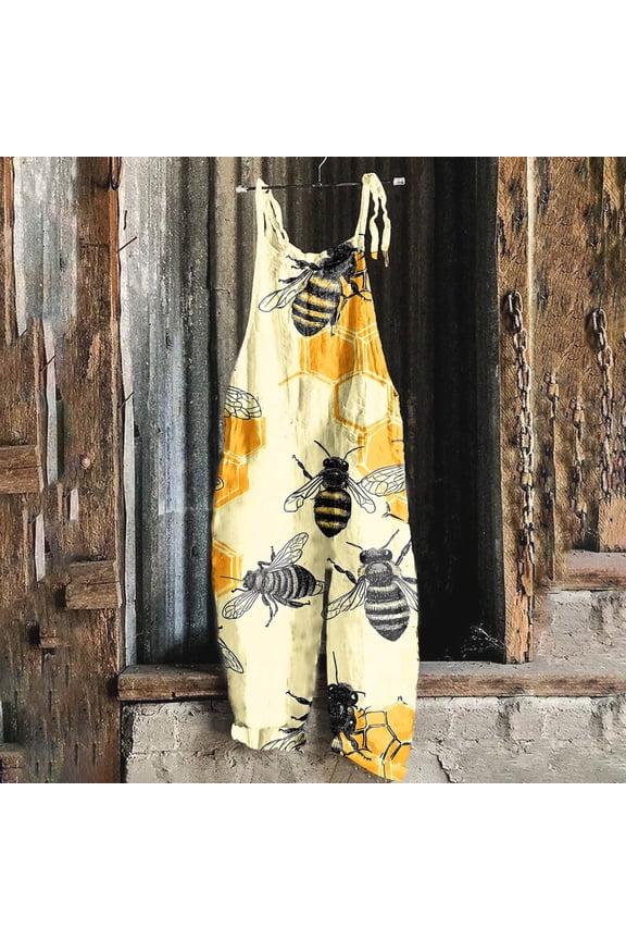 Summer Rompers for Women 2025 Bee Print Loose Wide Leg Overalls Pockets Adjustable Spaghetti Strap Crew Neck Sleeveless Outfits Bee Festival Comfy Ladies for City Sightseeing Yellow M