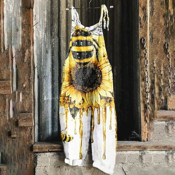 Sentmoon Summer Rompers for Women 2025 Bee Print Loose Wide Leg Overalls Pockets Adjustable Spaghetti Strap Crew Neck Sleeveless Outfits Bee Festival Trendy Womens for Beach Vacation Yellow XL