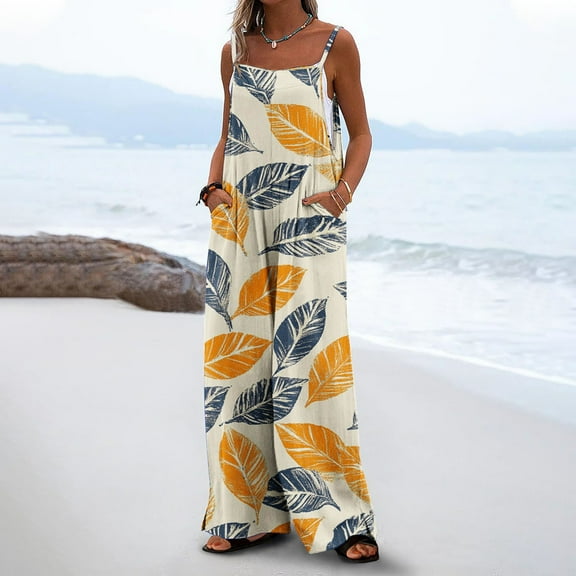 Sentmoon Summer Rompers for Women 2025 Leaf Print Loose Wide Leg Overalls with Pockets Spaghetti Strap Square Neck Sleeveless Bib Jumpsuits Lightweight Women for Tropical Vacation Yellow M