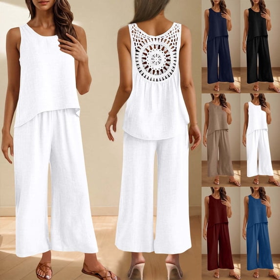 Sentmoon Summer Sets Women 2 Piece Outfits Womens Pants Casual Solid Color Elastic Waist Womens Dress Pants Loose Fit Linen Summer Wide Leg Pants for Women with Pocket for Lounge and Sleep
