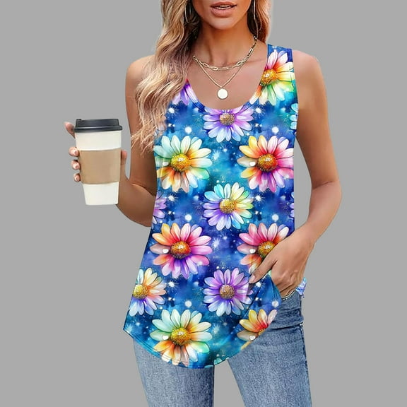Sentmoon Summer Tops Scoop Neck Plus Size Tank Tops for Women Relaxeds Fit Flower Print Sleeveless Summer Outfits 2025 Casual Teen Girls for Weekend Brunch Blue M