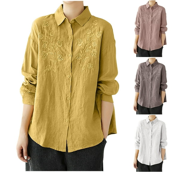 Sentmoon Summer Tops for Teens Collar Relaxed Linen Women's Tunic Tops with Button Breathable Hawaiian Womens Tshirts 2025 Trendy for Beach Yellow XXL
