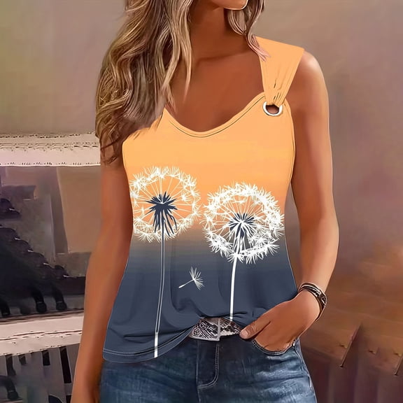 Sentmoon Summer Tops for Women Sleeveless V Neck Tank Tops for Women O Ring Loose Dandelions Print T Shirts 2025 Comfy Ladies for City Sightseeing Orange S