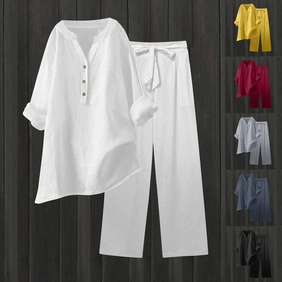 Sentmoon Summer Two Piece Sets for Women Long Sleeve V Neck Women's Tunics High Waist Pants for Women Loose Solid Color Summer Outfits for Women 2025 for City Sightseeing M