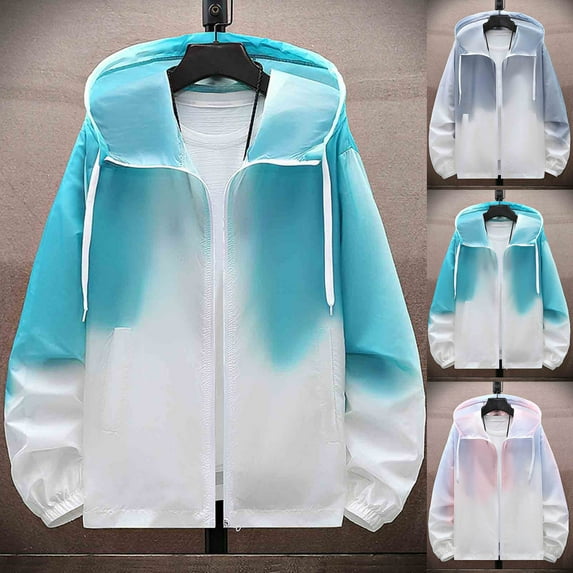 Sentmoon Sun Shirt Men Hooded Neck Exercise Tops for Men Zipper Gradient Color Loose Mens Rashs Guard Long Sleeve Side Pockets Breathable Summer for Picnic Green XXXL