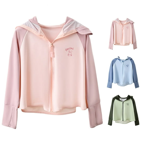 Sentmoon Sun Shirts for Girl Long Sleeve UPF Protection Jackets for Girl Ice Silk Solid Color Hooded Neck Zipper Gym Tops Comfy 2025 Summer for Beach Vacation Pink 11 Years