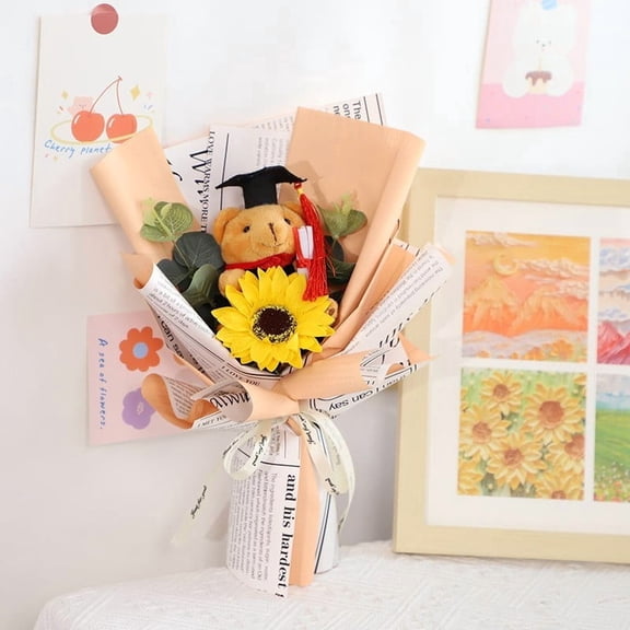 Sentmoon Sunflower Graduation Plush Bear Bouquet Smiling Sunflower Arrangement Graduation Gift Keepsake Handmade Plush Bear with Artificial Sunflowers Ceremony Present