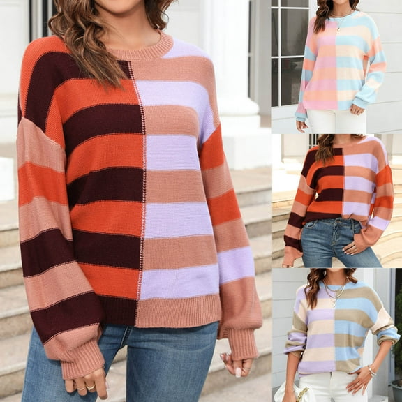 Sentmoon Sweater Crew Neck Long Sleeve Color Block Cute Tops Plus Size Soft and Cozy Loose Womens Blouses Trendy Fall and Winter for Weekend Brunch Outfit Khaki S