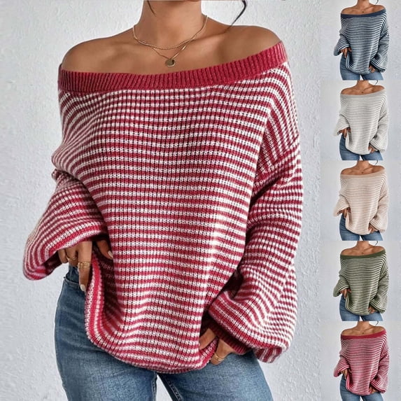 Sentmoon Sweater Round Neck Long Sleeve Striped Women Clothing Oversized Breathable Loose Top Trendy Fall and Winter for Oversized Comfy Pullover Beige L