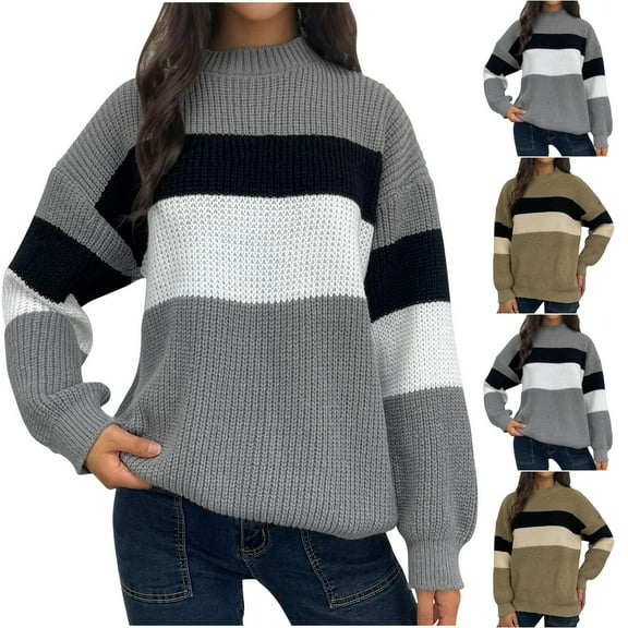 Sentmoon Sweaters Crew Neck Long Sleeve Striped Travel Clothes Women Plus Size Knitted Tassel Soft and Cozy Loose Womens Top Trendy Fall and Winter for Lounge Sweater Khaki XXXXL