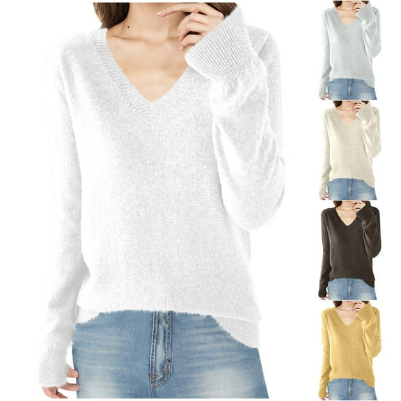 Sentmoon Sweaters V Neck Warm Knitted Long Sleeve Womens Clothing Trendy 2025 Solid Color Plus Size Loose Cute Tops Fashion Fall and Winter for Cozy Family Time XL