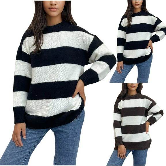 Sentmoon Sweaters for Women Crew Neck Long Sleeve Striped Women Tops Plus Size Lightweight and Warm Loose Clothes for Women Active Fall and Winter for Oversized Comfy Pullover M