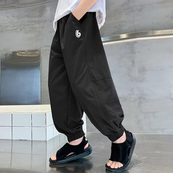 Sentmoon Sweatpants Boys High Waist Loose Fit Wide Leg Ice Silk Parachute Pants with Pockets Elastic Hem Solid Color Summer Joggers Lightweight for Children Sports Practice Black 9 Years