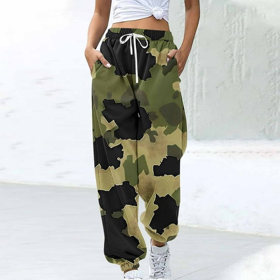 Sentmoon Sweatpants Women Elastic Waist Drawstring Print Work Pants Loose Fit Wide Leg Pockets Elastic Hem Joggers Trendy Ladies for Weekend Outings Camouflage S