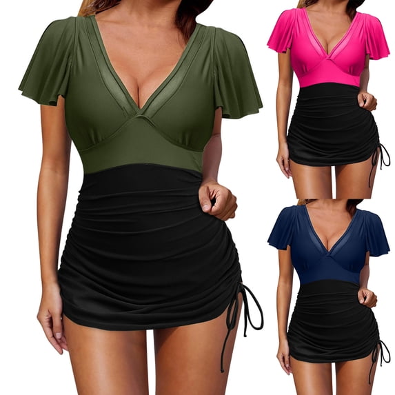 Sentmoon Swimsuits with Built in Bra Spaghetti Strap Plus Size Short Sleeve Bikini Women Women Bathing Suits Sun Protection Swimsuits Blackless Swimwear Comfy for Swimming & Beaches XXL