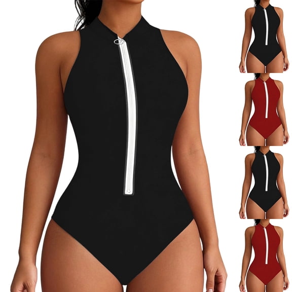 Sentmoon Swimsuits Women Summer Spaghetti Strap Oversized Womens Bikini Women's Solid Color Zipper Piece Guard Swimsuit Soft and Comfortable for Swimming & Beaches Red XL