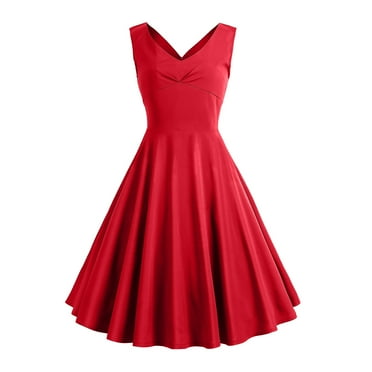 Sentmoon Swing Cocktail V Neck Dresses for Women Vintage Fashion Solid Color Short Dresses,Loose Flowy Fashion Women Clothing Red S Clearance Sales Today Deals Prime