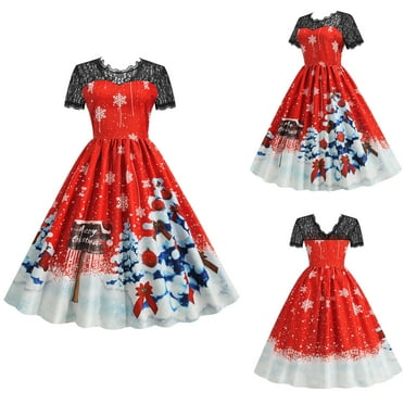 Sentmoon Swing Womens Dresses Fall Dresses for Women 2024 Patchwork Slim Lace Christmas Tree Print Short Dresses,Plus Size Workout A-line Dresses Red XXXL Up to 50% off