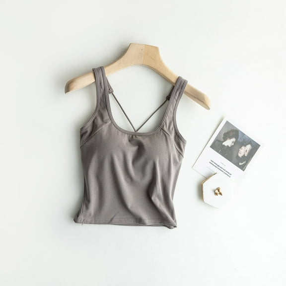Sentmoon Tank Top with Built in Bra for Women Crewneck Crop Camisole Tops for Women Relaxeds Fit Crossbody Strap Sleeveless Vacation Outfits 2025 Summer Lightweight for Lounge at Home Dark Gray S