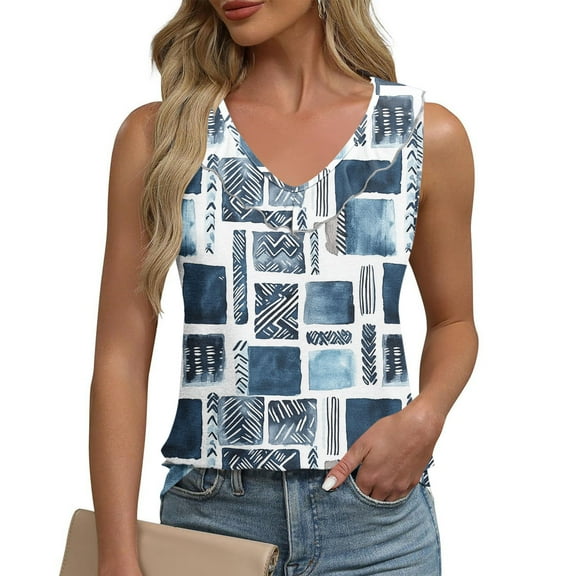 Sentmoon Tank Tops for Women Summer Scoop Neck Regular Fit Spring Tops for Women 2025 Boho Plaid Print Wide Strap Ruffle Sleeveless T Shirts Stylish for City Sightseeing Light Blue L