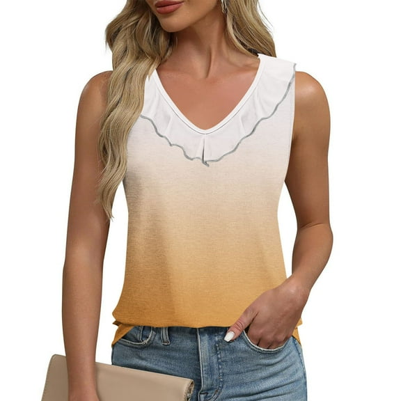 Sentmoon Tank Tops for Women Summer Scoop Neck Regular Fit Trendy Tops for Women 2025 Boho Wide Strap Ruffle Gradient Color Sleeveless Tshirts Shirts Casual for Beach Vacation Orange M