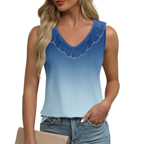 Sentmoon Tank Tops for Women Summer Scoop Neck Regular Fit Trendy Tops for Women 2025 Boho Wide Strap Ruffle Gradient Color Sleeveless Tshirts Shirts Casual for Beach Vacation Blue M