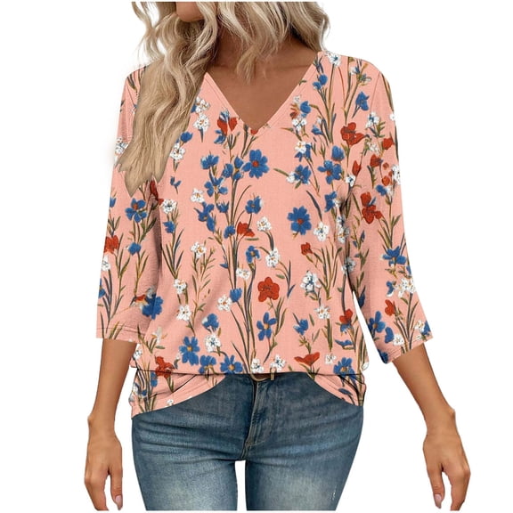 Sentmoon Tops 3/4 Sleeve Plus Size V Neck Breathable T-Shirts Floral Print Relaxed Outfits for Women 2025 Summer Stylish for Music Festival Multicolor XL