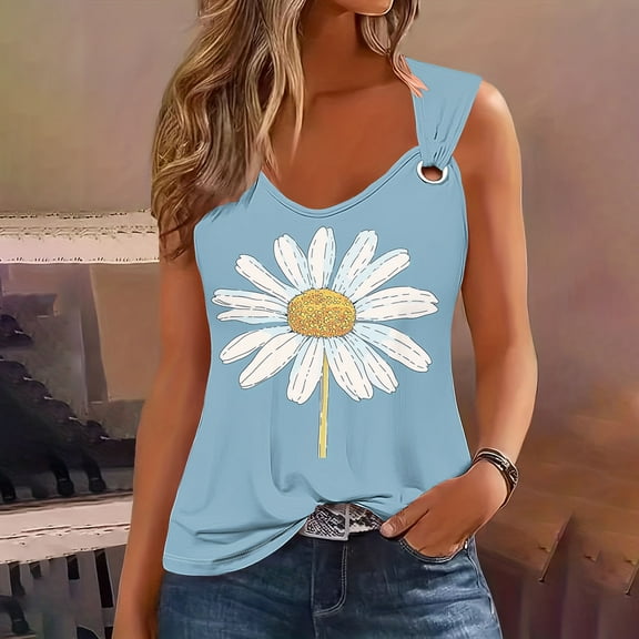 Sentmoon Tops for Women Trendy Sleeveless V Neck 2025 Summer Women Tank Tops O Ring Shoulder Loose Flower Print Hawaiian Shirt Soft and Comfortable Women's for Lounge at Home Navy M