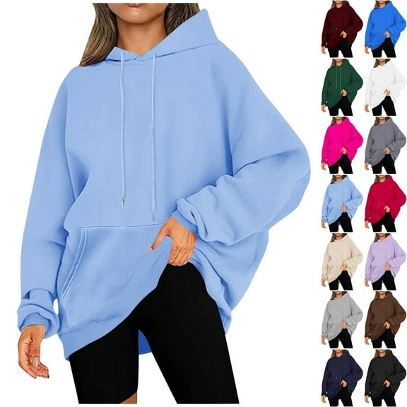 Sentmoon Travel Clothes Women Long Sleeve Loose Oversized Sweatshirts Women Solid Color with Pocket Drawstring Hoodie for Women Fall Casual for City Sightseeing Wine S