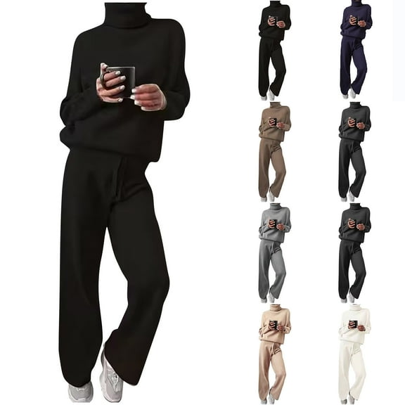 Sentmoon Travel Outfits for Women 2 Piece Sets Fall Outfits and Womens Trouser Pants High Neck Long Sleeve Knitted Women's Travel Outfits Oversized Sweaters for Women Winter Coffee XXXL
