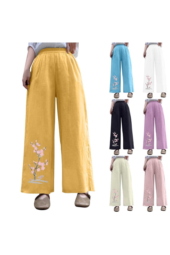 Travel Pants Women Embroidered Elastic Waist Linen Pants Plus Size Loose Fit Wide Leg Trendy Summer Pants Women Beach Stuff for Travel and Vacation White XXL