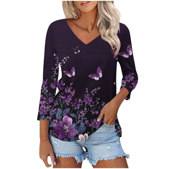Sentmoon Trendy Tops for Women 2025 3/4 Length Sleeve V Neck Womens Blouses Flower Print Relaxed Beach Outfits for Women Fashion for Tropical Vacation M