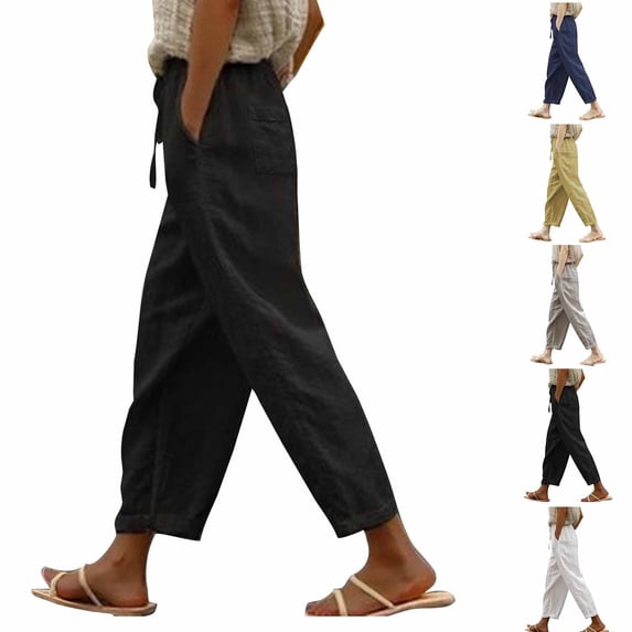 Sentmoon Trousers Pants for Women Solid Color Drawstring High Elastic Waist Womens Casual Pants Oversized Relaxed Fit Linen Summer Lounge Pants Women with Pocket for Travel and Vacation