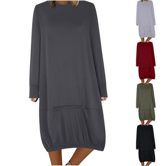 Sentmoon Tshirt Dress Long Sleeve Crew Neck Fall Dresses for Women 2025 Vacationn Solid Color Loose Stretchy Plus Size Wedding Guest Dresses Trendy for City Sightseeing in Fall Green M