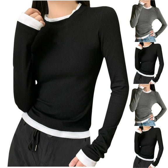 Sentmoon Tshirts Shirts for Women Crew Neck Long Sleeve Women's Tank Tops Oversized Breathable Loose Solid Color Women's Blouse Trendy for City Sightseeing XL