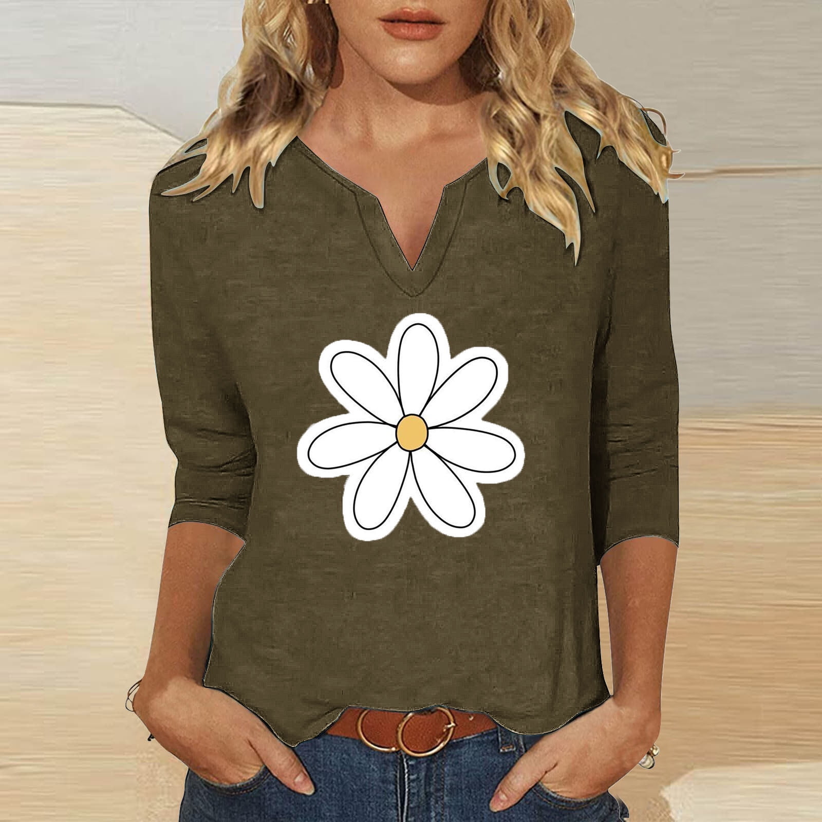 Fashion 3/4 Sleeve V Neck Abstract Floral Casual Regular T-Shirt main image 1