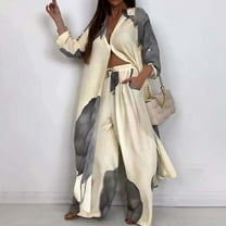 Sentmoon Two Piece Sets for Women Longsleeve Tops Women and Business Pants Plus Size Lapel Collar Breathable Womens Travel Outfit Loose with Print Long Sleeve Blouse for Winter Stroll