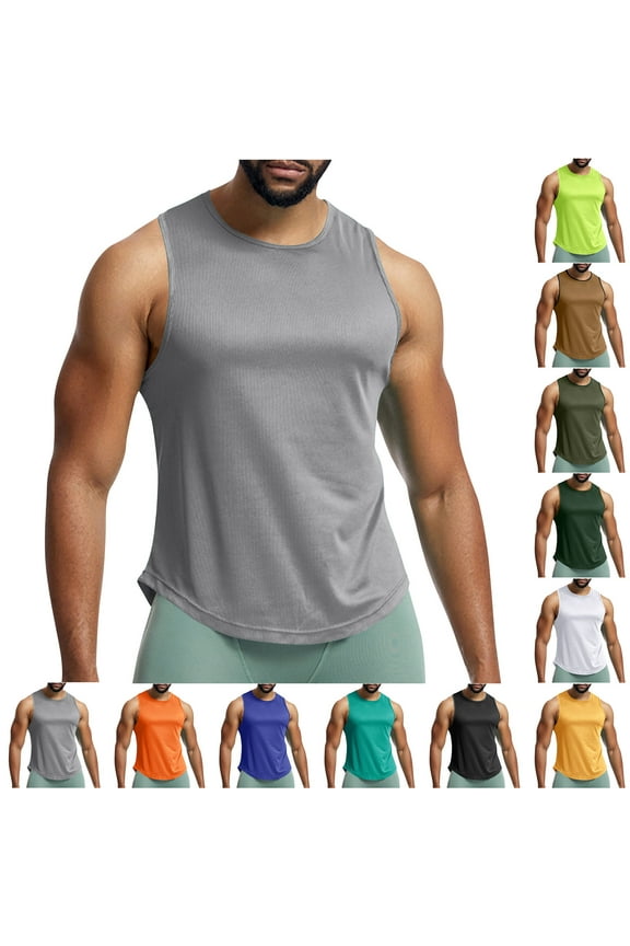 Undershirts for Men Pack Summer Sleeveless Crew Neck Mens Workout Tank Tops Solid Color Relaxed Fit Oversized Athletic Men's Clothing Hawaiian for Summer Beach Days Gray M