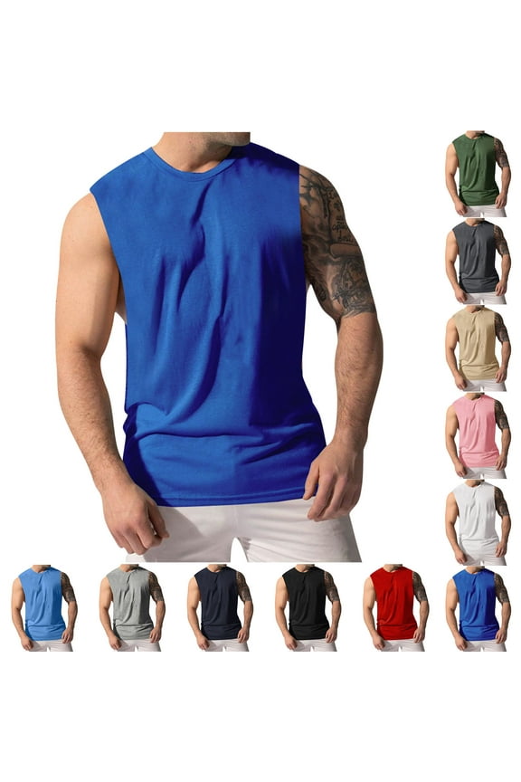 Undershirts Summer Sleeveless Crew Neck Gym Tank Tops for Men Solid Color Loose Fit Oversized Muscle Men Clothes Vacation for Summer Beach Days Green L
