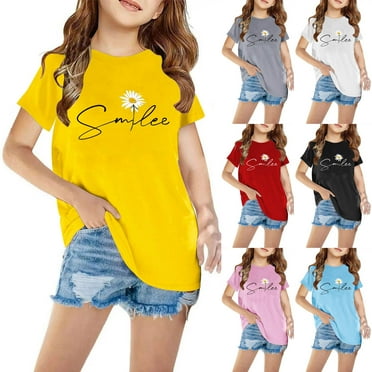 Sentmoon Up to 60% Off Tops for Girl Girls' Tops, Tees & Blouses Tunic Crew Neck Shirts for Teens Girls Loose Fit Short Sleeve Casual Print Oversized Casual Tee Tops Yellow 3 Years