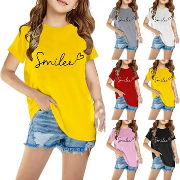 Sentmoon Up to 60% Off Tops for Girl Girls Tops Tunic Crew Neck Shirts for Teens Girls Loose Fit Short Sleeve Casual Print Plus Size Trendy Shirts Yellow 3 Years