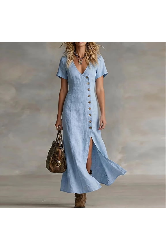 V Neck Dress for Women Womens Button down Dress 2026 Summer Day Dress Solid Color Breathable Regular Fit Short Sleeve Dresses Basic for Daily and Commute S-3XL
