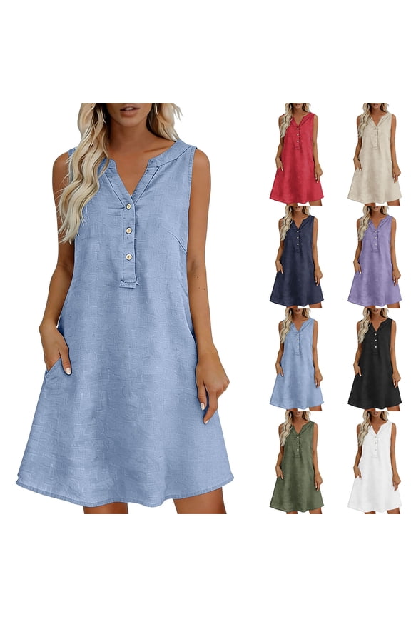 V Neck Maxi Dress Button down Shirt Dress 2026 Summer Cocktail Dress Solid Color Sleeveless Breathable Regular Fit Linen Maxi Dress with Pockets Business S-3XL