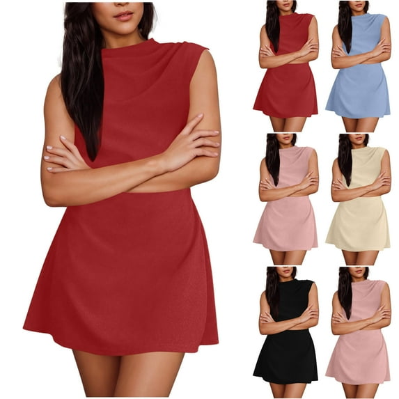 Sentmoon Vacation Dresses for Women 2025 Oversized Sleeveless Dresses for Teens Solid Color Crew Neck Wedding Guest Dress Summer Stylish for Wedding Guest Red S