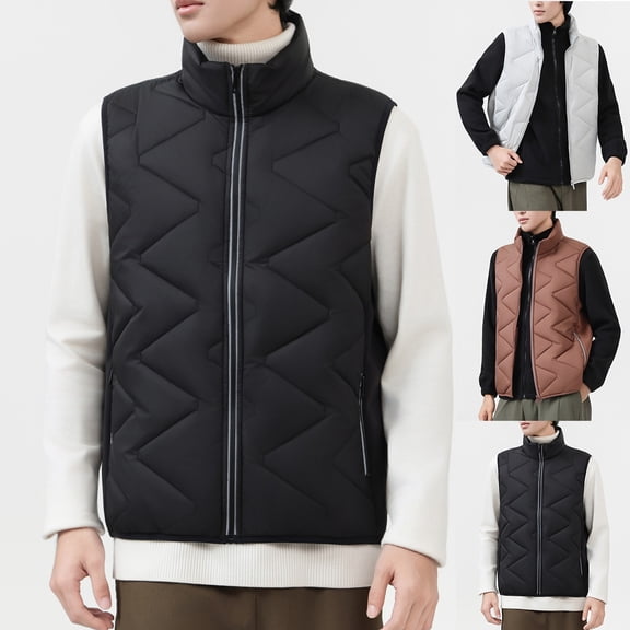 Sentmoon Vest Men Men's Jackets for Winter Men's Casual Solid Color Couple Style Wool Filled Stand Collar Zipper Pocket Warm Outerwear Sleeveless Jacket Gift Basket for Family
