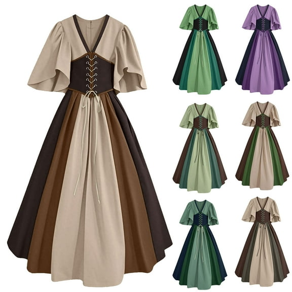 Sentmoon Vintage Dress for Women V Neck Medieval Court Style Evening Dresses for Women Gothic Corset Costumes Splicing Flying Sleeves with Lace up Waist Large Skirt Prom Dresses