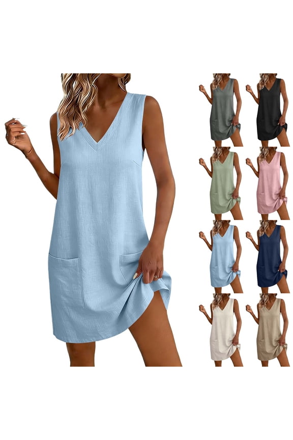 Vneck Dresses for Women Lounge Dress with Pockets Solid Color Sleeveless Loose Fit 2026 Womens Summer Dresses for Daily and Commute