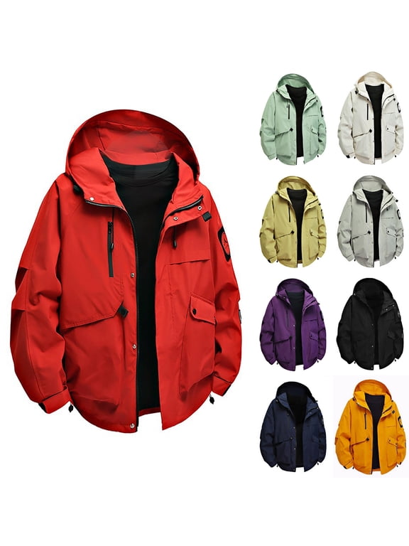 Warm Jackets for Men Solid Color Long Sleeve Hooded Neck Mens Coats Oversized Zipper Windbreaker Mens Clothes with Pockets Fall and Winter Soft and Comfortable for Climbing and Hiking