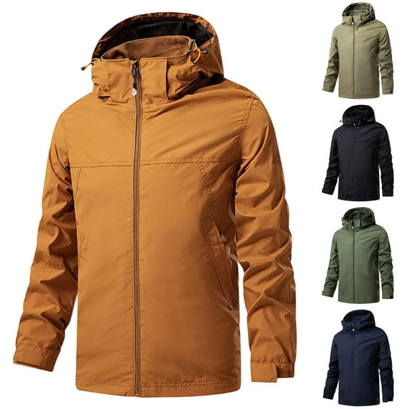 Sentmoon Water Proof Jacket Mens Solid Color Long Sleeve Hooded Neck Mens Coats and Jackets Oversized Zipper Windbreaker Mens Clothes Trendy with Pockets Fall and Winter for Travel and Hiking